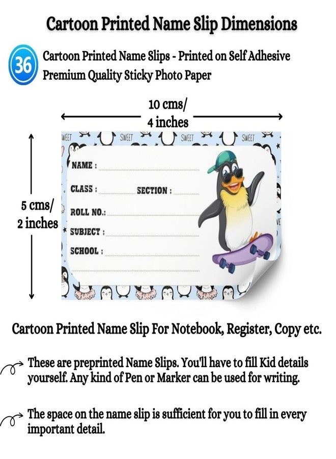 AanyaCentric 36 Pieces Cartoon Printed Name Slip for Kids | 10 x 5 cm | Self Fill in Sticky Labels for Notebook Register Copy - Image 3