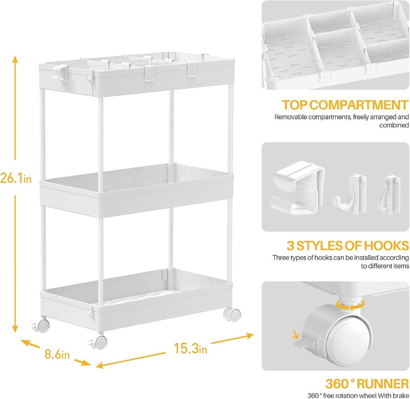 SPACELEAD SAKA Slim Storage Cart,3 Tier Bathroom Rolling Utility Cart Storage Organizer Slide Out Cart, Mobile Shelving Unit Organizer Trolley for Office Bathroom Kitchen Laundry Room Narrow Places, White - Image 2