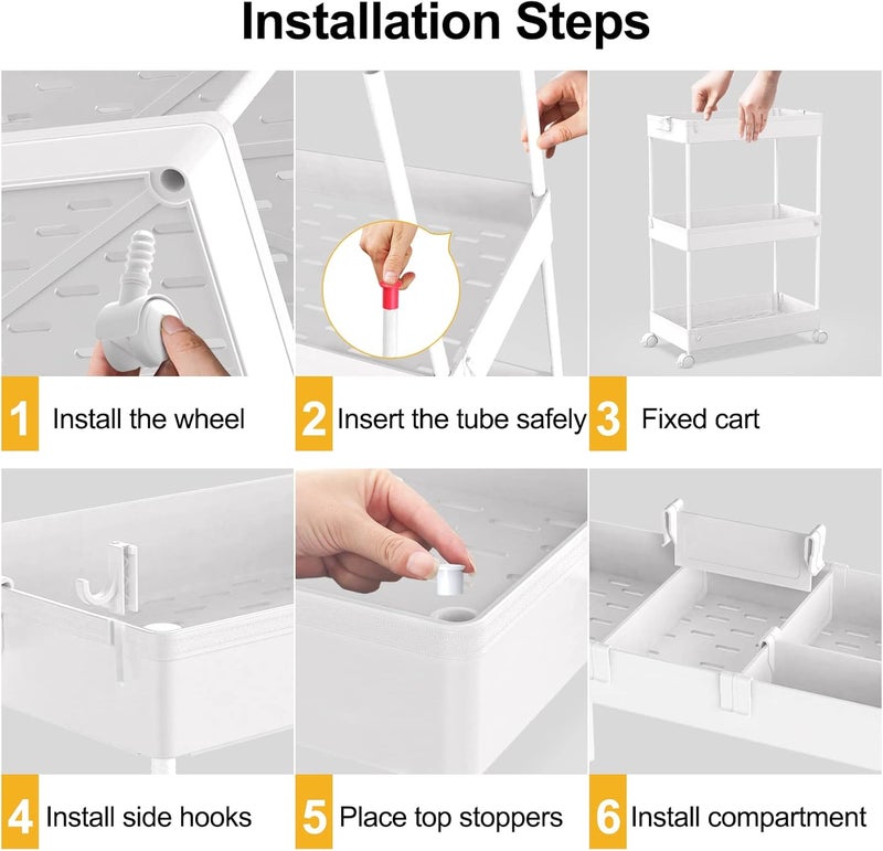 SPACELEAD SAKA Slim Storage Cart,3 Tier Bathroom Rolling Utility Cart Storage Organizer Slide Out Cart, Mobile Shelving Unit Organizer Trolley for Office Bathroom Kitchen Laundry Room Narrow Places, White - Image 3