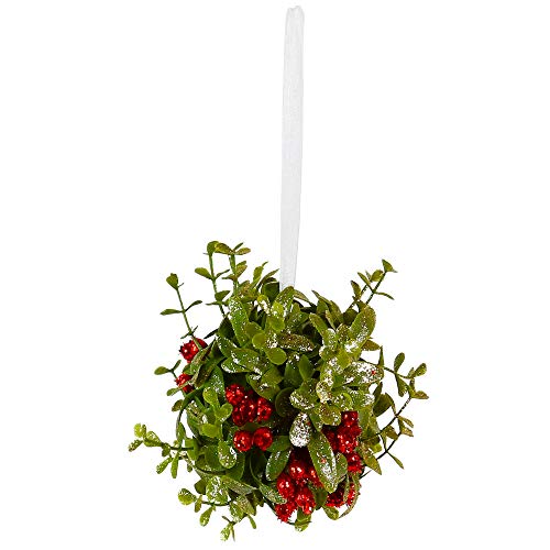 Ornativity Mistletoe Glitter Hanging Ornament - Christmas Mistletoe Kissing Ball with Red Berries Holiday Kiss Xmas Decoration for Doorway Arch Light Fixture 5" - Image 2