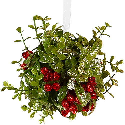 Ornativity Mistletoe Glitter Hanging Ornament - Christmas Mistletoe Kissing Ball with Red Berries Holiday Kiss Xmas Decoration for Doorway Arch Light Fixture 5" - Image 1