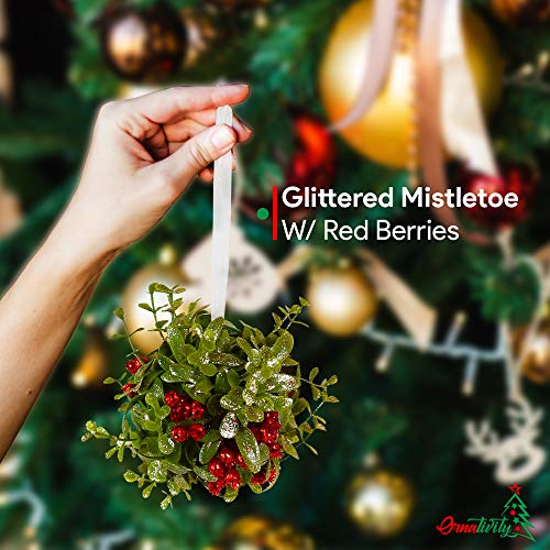 Ornativity Mistletoe Glitter Hanging Ornament - Christmas Mistletoe Kissing Ball with Red Berries Holiday Kiss Xmas Decoration for Doorway Arch Light Fixture 5" - Image 4