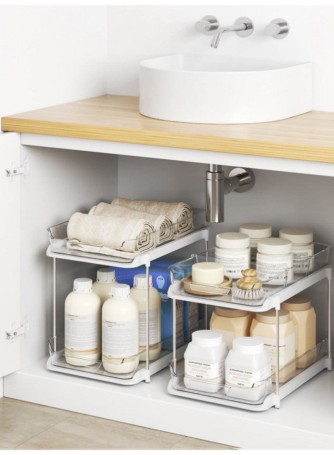 Delamu 2 Sets of 2-Tier Multi-Purpose Bathroom Under Sink Organizers and Storage, Stackable Kitchen Pantry Organization, Pull Out Medicine Cabinet Organizer with 8 Movable Dividers - Image 2