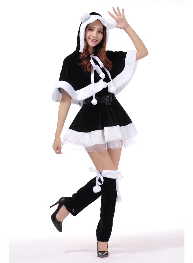 Ciao Women’s Christmas Santa Cape Dress Costume – Black Velvet Mini Dress with White Fur Trim, Cape Shawl, Belt & Pom-Pom Ties (Free Size 40–60 kg) - Image 5