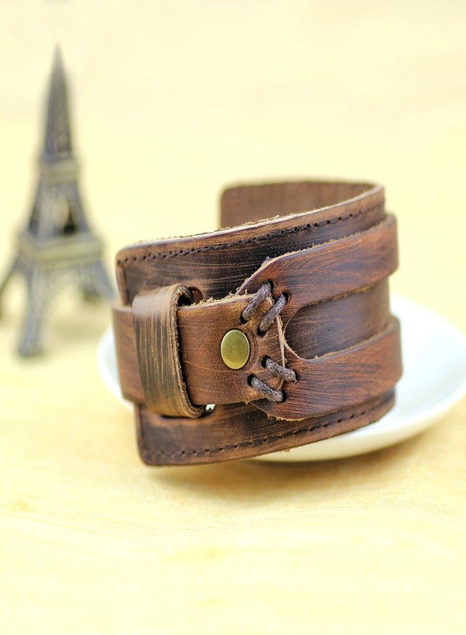 Merdia Womens and Mens Genuine Cuff Bangle Leather Bracelet Adjustable Wristband in Punk Design Coffee 30G | Punk Bracelets | Bracelets for Men | Bracelets for Women Trendy | Wristbands for men - Image 3