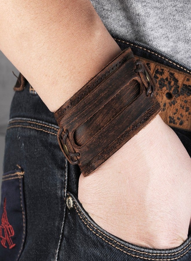 Merdia Womens and Mens Genuine Cuff Bangle Leather Bracelet Adjustable Wristband in Punk Design Coffee 30G | Punk Bracelets | Bracelets for Men | Bracelets for Women Trendy | Wristbands for men - Image 2