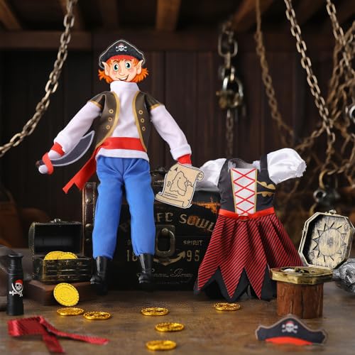 Motionchic 20 Pcs Christmas Elf Pirate Costume for Kids Pirate Clothes Accessories Set Holiday Elf Outfits with Gold Coin Telescope Patch Compass Headscarf Treasure Map Chest for Xmas Party Decoration - Image 5