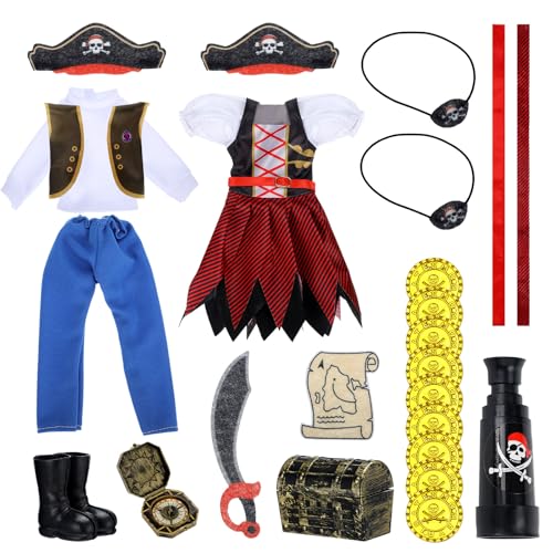 Motionchic 20 Pcs Christmas Elf Pirate Costume for Kids Pirate Clothes Accessories Set Holiday Elf Outfits with Gold Coin Telescope Patch Compass Headscarf Treasure Map Chest for Xmas Party Decoration - Image 1