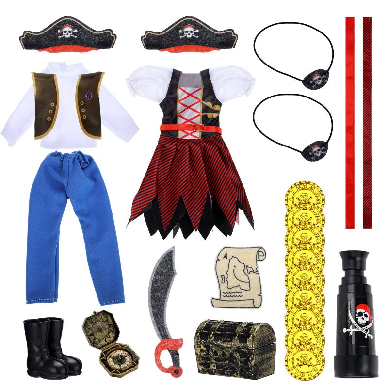 Motionchic 20 Pcs Christmas Elf Pirate Costume for Kids Pirate Clothes Accessories Set Holiday Elf Outfits with Gold Coin Telescope Patch Compass Headscarf Treasure Map Chest for Xmas Party Decoration - Image 3
