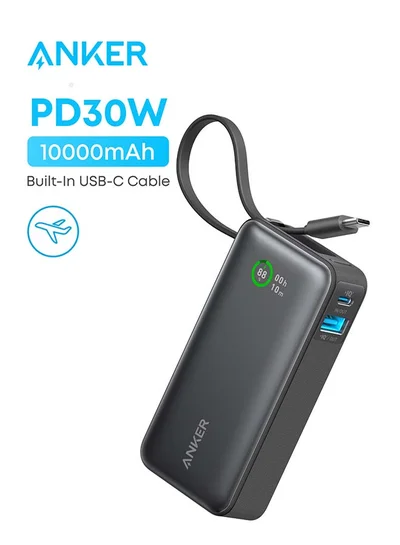 صفقة أنكر بنك طاقة نانو 10000 مللي أمبير في الساعة، شاحن محمول مع كابل USB-C مدمج، مخرج PD 30 وات مع 1 USB-C، 1 USB-A، حزمة بطارية شحن سريعة لسلسلة iPhone 15/14 وGalaxy وiPad وAirPods والمزيد أسود على Noon EG