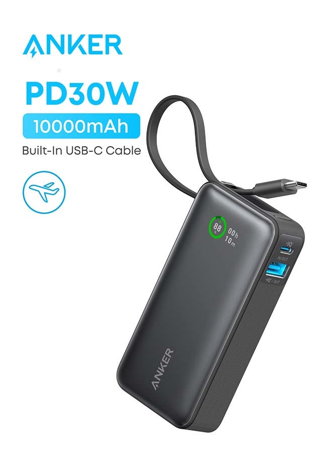 أنكر بنك طاقة نانو 10000 مللي أمبير في الساعة، شاحن محمول مع كابل USB-C مدمج، مخرج PD 30 وات مع 1 USB-C، 1 USB-A، حزمة بطارية شحن سريعة لسلسلة iPhone 15/14 وGalaxy وiPad وAirPods والمزيد أسود - Image 1