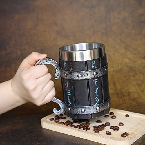 Ottalent Nordic Viking Mug,Oak Wooden Beer Stein Stainless Steel Liner,Nordic mythology Viking Runes Tankard Coffee Cup for Men Father’s Day Gift 18oz. - Image 3