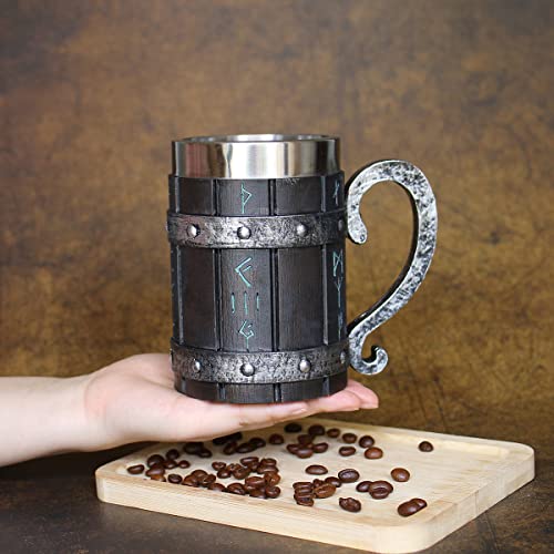 Ottalent Nordic Viking Mug,Oak Wooden Beer Stein Stainless Steel Liner,Nordic mythology Viking Runes Tankard Coffee Cup for Men Father’s Day Gift 18oz. - Image 4
