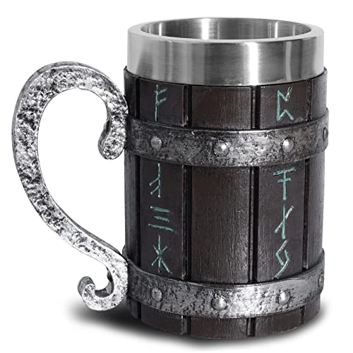 Ottalent Nordic Viking Mug,Oak Wooden Beer Stein Stainless Steel Liner,Nordic mythology Viking Runes Tankard Coffee Cup for Men Father’s Day Gift 18oz. - Image 1