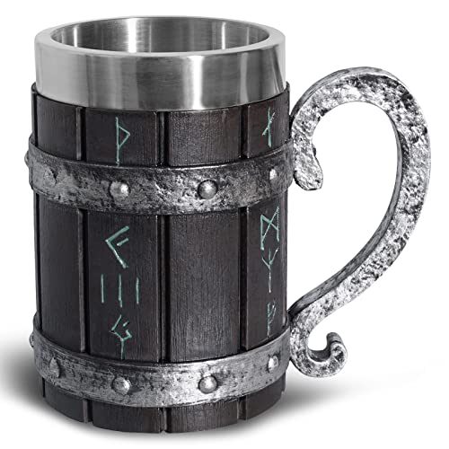Ottalent Nordic Viking Mug,Oak Wooden Beer Stein Stainless Steel Liner,Nordic mythology Viking Runes Tankard Coffee Cup for Men Father’s Day Gift 18oz. - Image 2