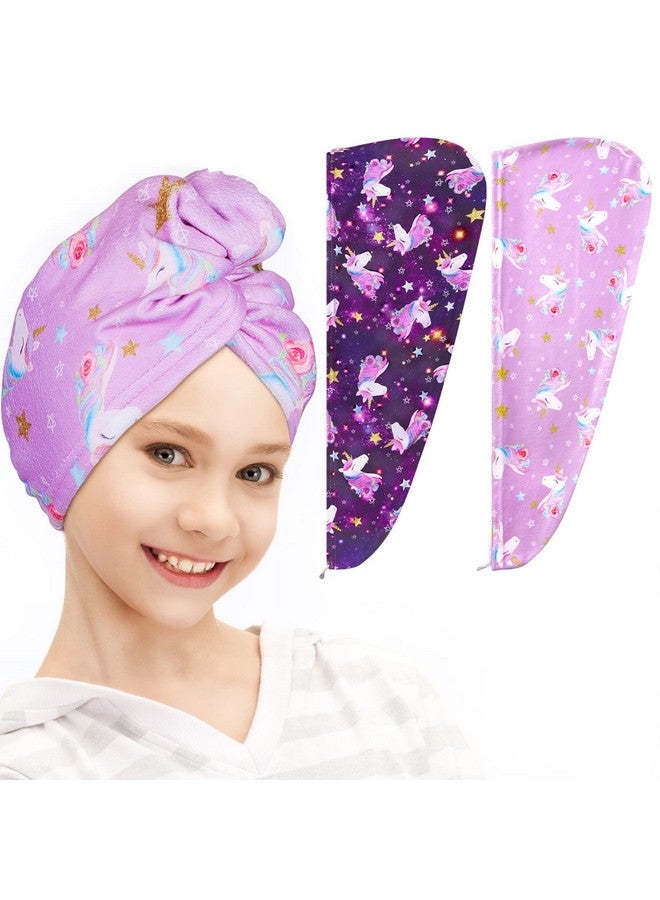 FIOBEE FIOBEE Microfiber Hair Towel Wrap for Kid Rapid Drying Towel Absorbent Hair Turbans for Wet Hair with Button Women Girls Long Curly Hair Pack of 2, Purple - Image 1
