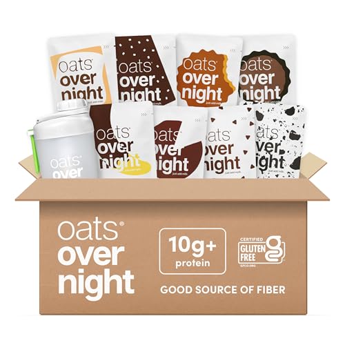 Oats Overnight Chocolate Variety Pack - High Protein, High Fiber Breakfast Protein Shake - Gluten Free, Non GMO Protein Oatmeal - Smores, Dark Chocolate Sea Salt & More (8 Pack + Shaker Bottle) - Image 1