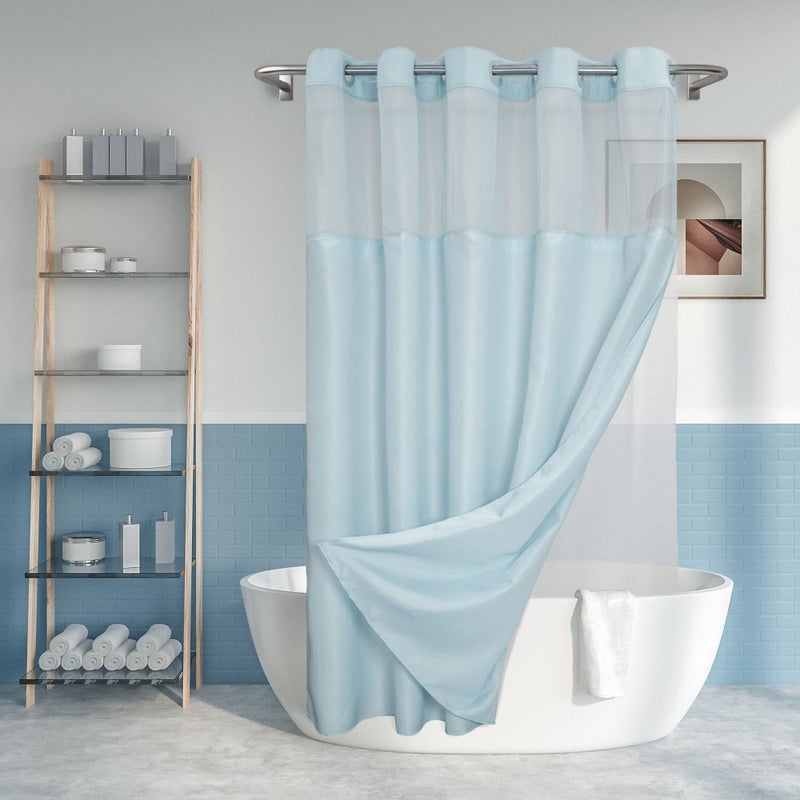 No Hook Slub Textured Shower Curtain with Snapin PEVA Liner Set  71 x 7472 Hotel Style with See Through Top Window Machine Washable  Water Repellent Blue 71x74