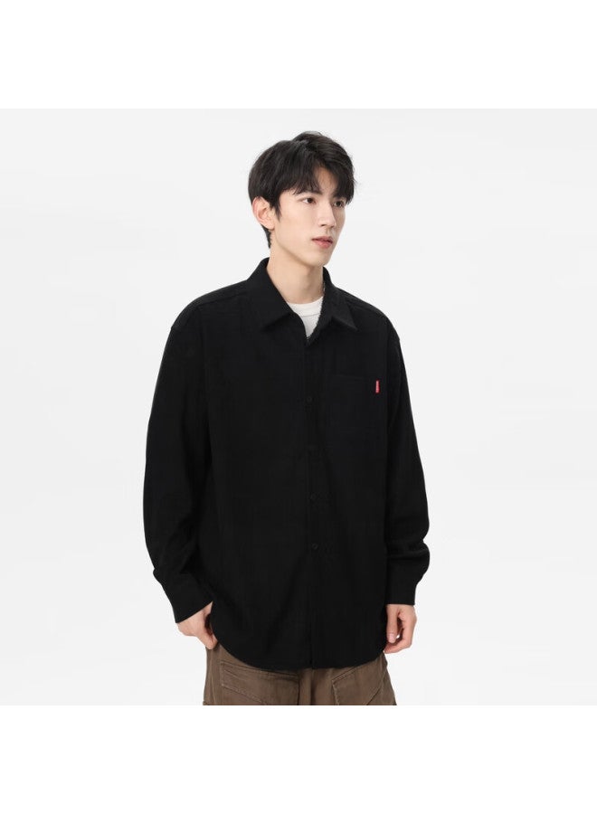 Izexx Corduroy Shirt Men Spring Loose Long Sleeve Vintage Simple Versatile Jacket Ix08 Black M - Image 3