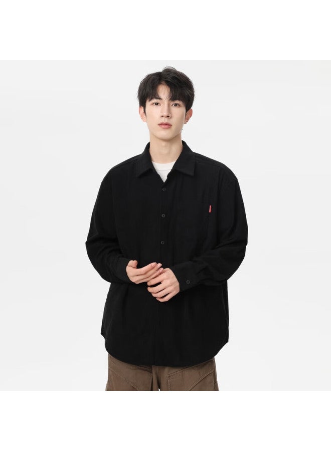 Izexx Corduroy Shirt Men Spring Loose Long Sleeve Vintage Simple Versatile Jacket Ix08 Black M - Image 4