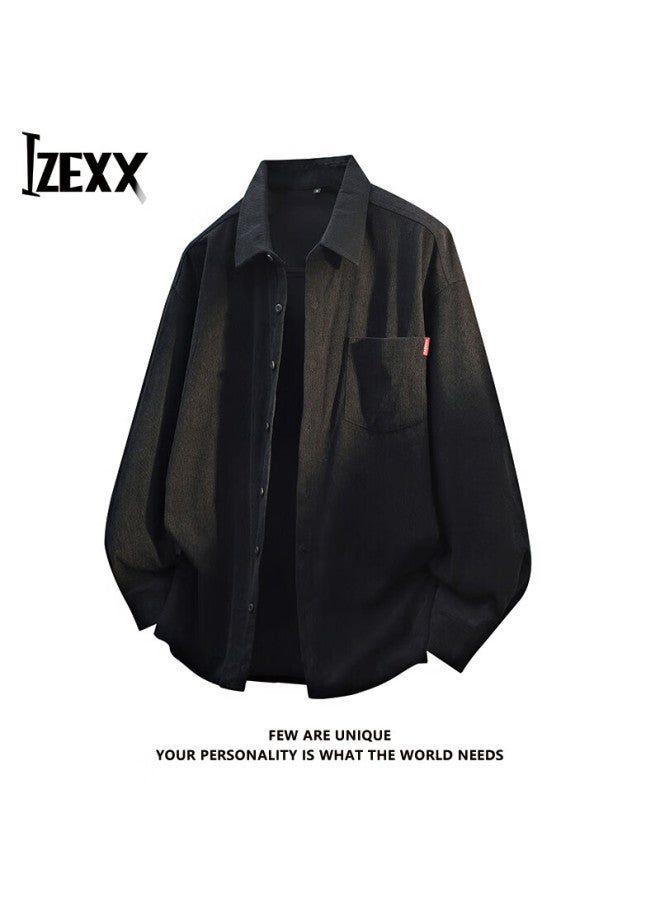 Izexx Corduroy Shirt Men Spring Loose Long Sleeve Vintage Simple Versatile Jacket Ix08 Black M - Image 1