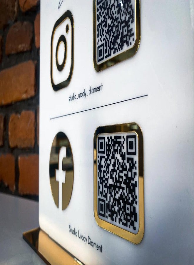 حامل رمز الاستجابة السريعة (QR) قابل للتخصيص من الأكريليك من Qalb | حامل ماسح ضوئي لوسائل التواصل الاجتماعي | يدعم Google Pay وPhonpe وInstagram وFacebook | المقاس: 6 × 8 بوصات، أبيض وذهبي - Image 2