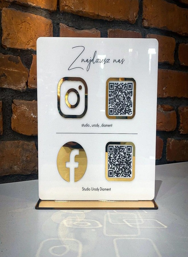 حامل رمز الاستجابة السريعة (QR) قابل للتخصيص من الأكريليك من Qalb | حامل ماسح ضوئي لوسائل التواصل الاجتماعي | يدعم Google Pay وPhonpe وInstagram وFacebook | المقاس: 6 × 8 بوصات، أبيض وذهبي - Image 1