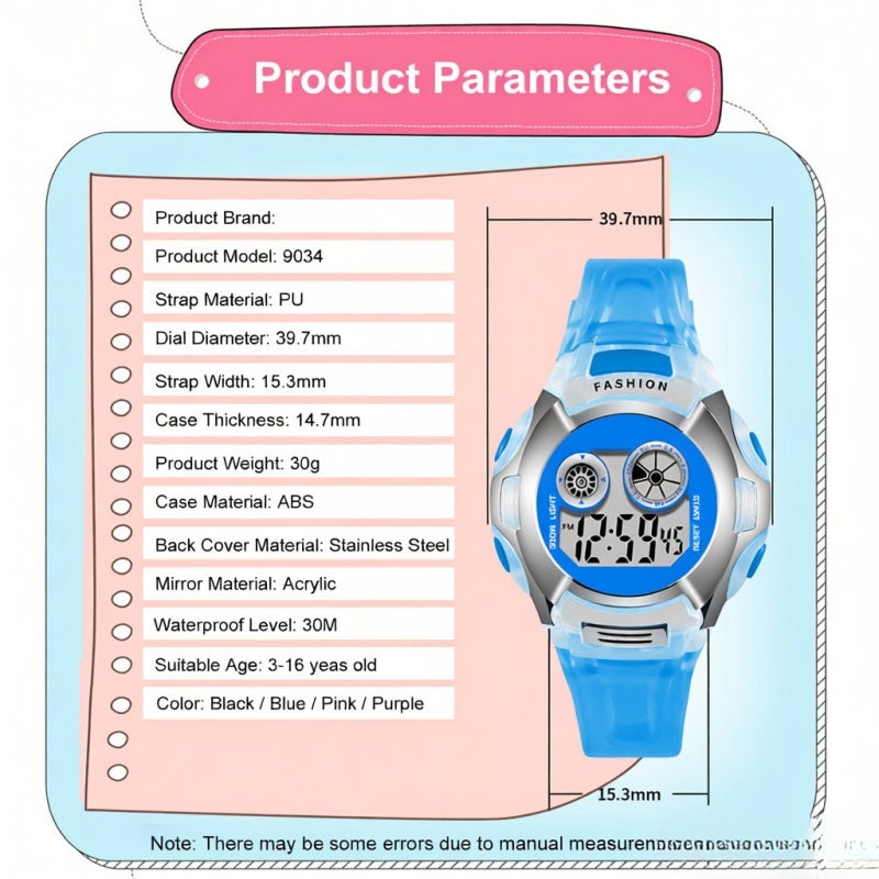 9034 Kids Stylish Sport Watch Multifunctional Digital Wristwatch with LED Luminous/Alarm/Life Waterproof/Stopwatch/Hourly Chime/Week and Date Display Children Electronic Watch for Boys Girls - Image 2