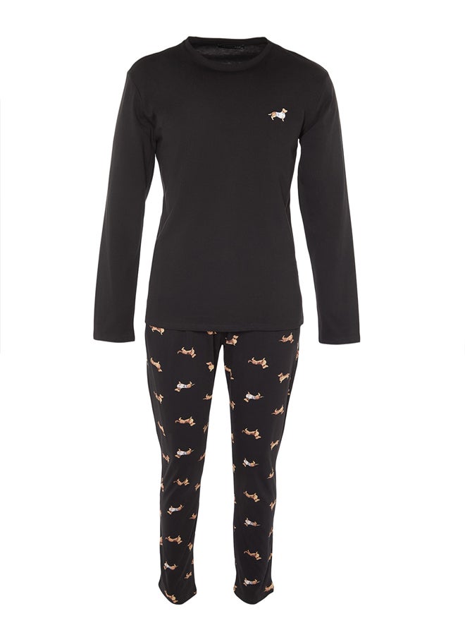 trendyol Black 100% Cotton Regular Fit Animal Patterned Knit 100% Cotton Pajama Set - Image 5