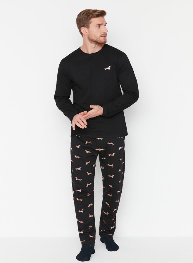 trendyol Black 100% Cotton Regular Fit Animal Patterned Knit 100% Cotton Pajama Set - Image 3