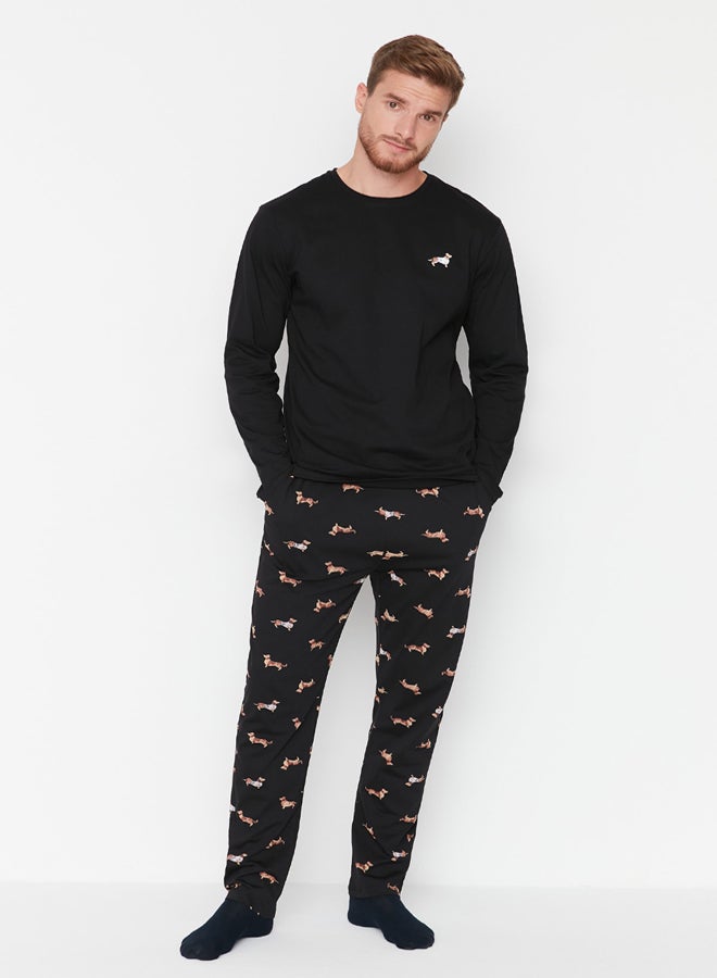 trendyol Black 100% Cotton Regular Fit Animal Patterned Knit 100% Cotton Pajama Set - Image 1