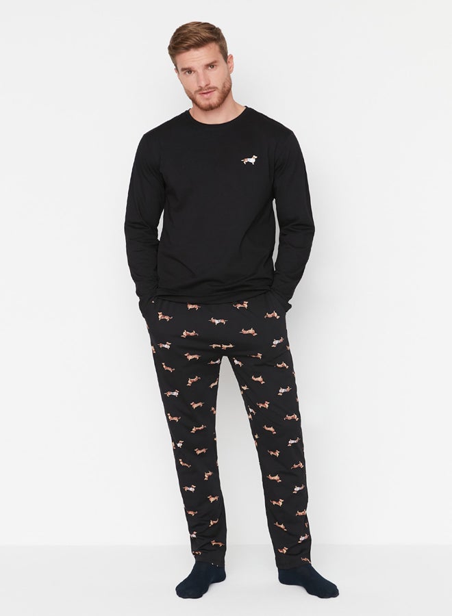 trendyol Black 100% Cotton Regular Fit Animal Patterned Knit 100% Cotton Pajama Set - Image 2