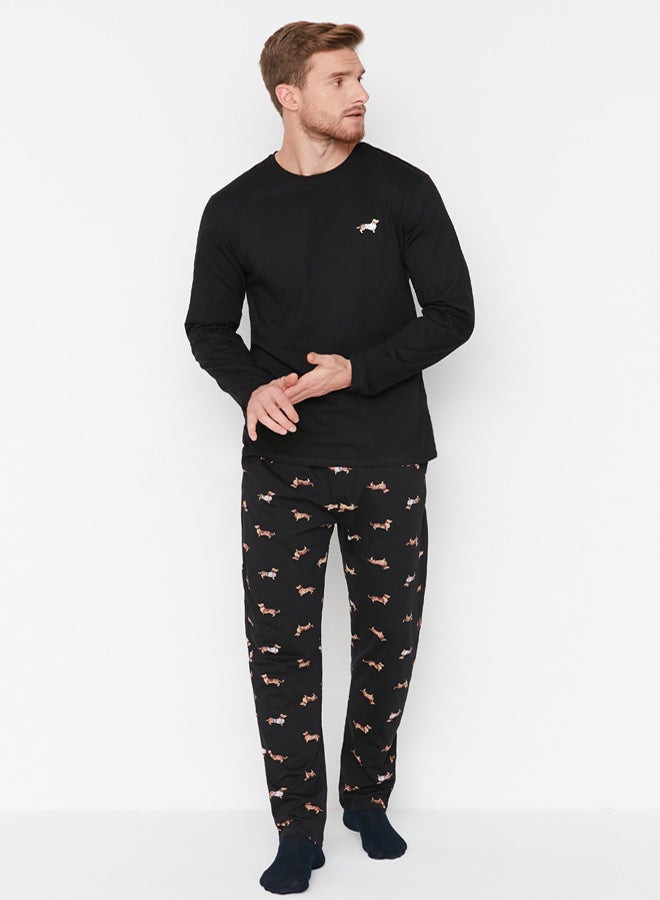 trendyol Black 100% Cotton Regular Fit Animal Patterned Knit 100% Cotton Pajama Set - Image 3