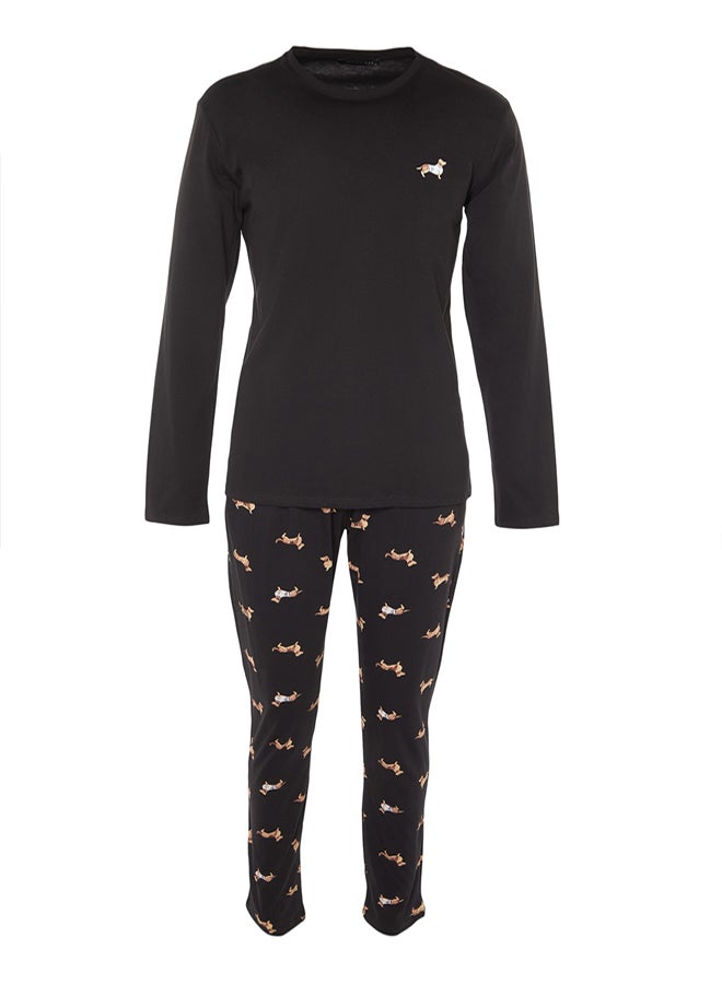 trendyol Black 100% Cotton Regular Fit Animal Patterned Knit 100% Cotton Pajama Set - Image 5