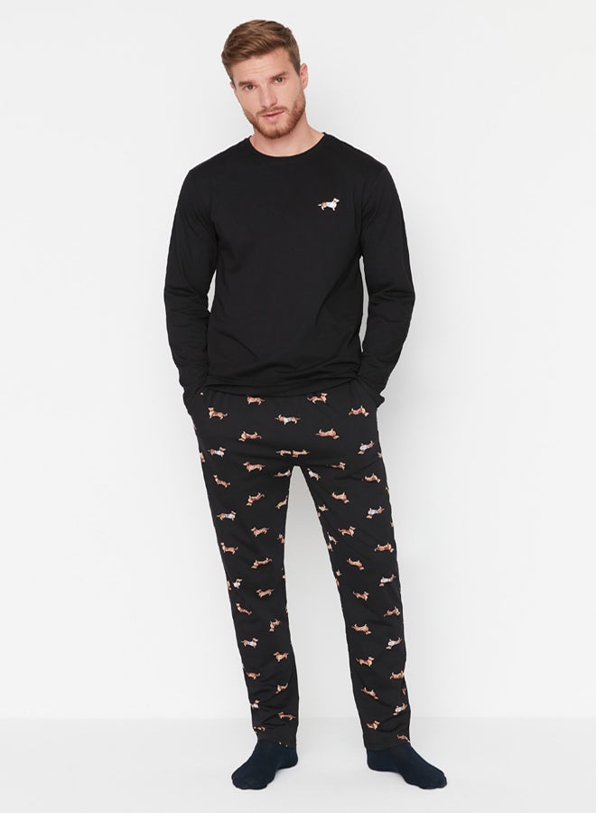 trendyol Black 100% Cotton Regular Fit Animal Patterned Knit 100% Cotton Pajama Set - Image 2