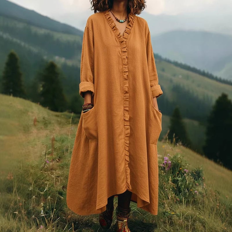 Fashion Loose Cotton Linen Long Dress with Ruffle Hem - Image 1