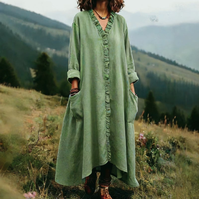 Fashion Loose Cotton Linen Long Dress with Ruffle Hem - Image 3