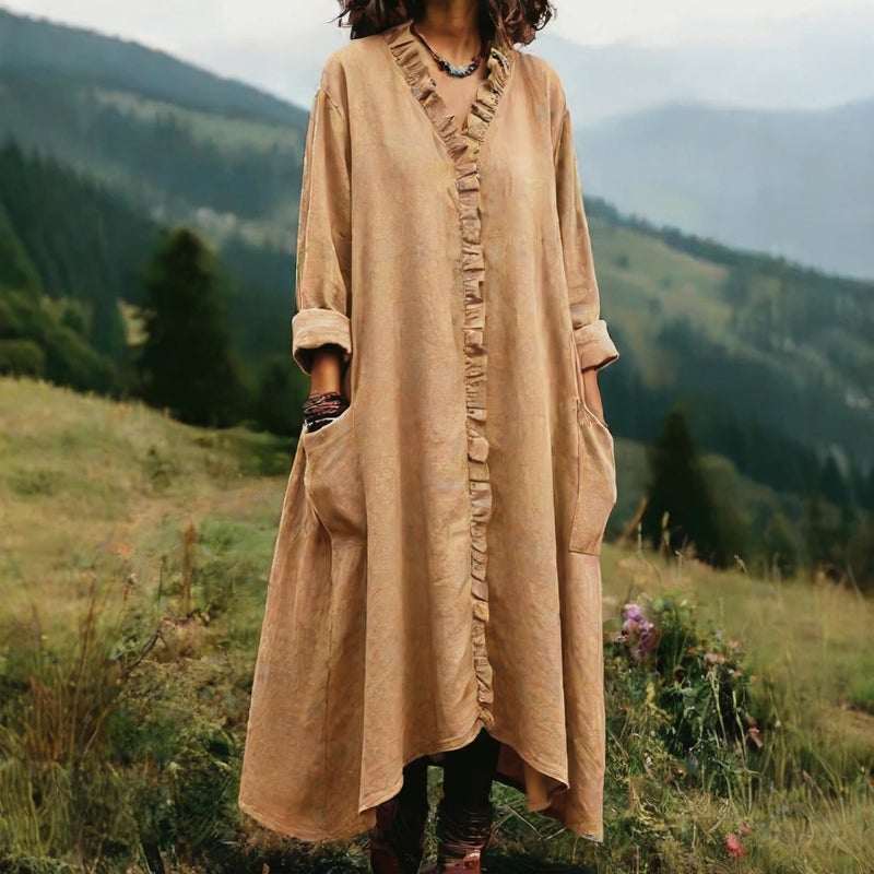 Fashion Loose Cotton Linen Long Dress with Ruffle Hem - Image 4