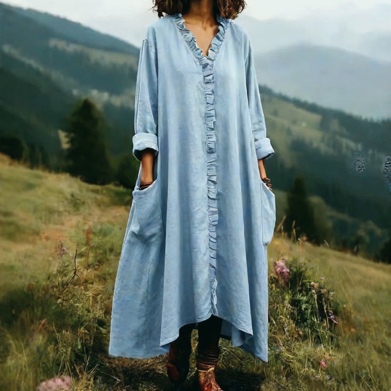 Fashion Loose Cotton Linen Long Dress with Ruffle Hem - Image 2