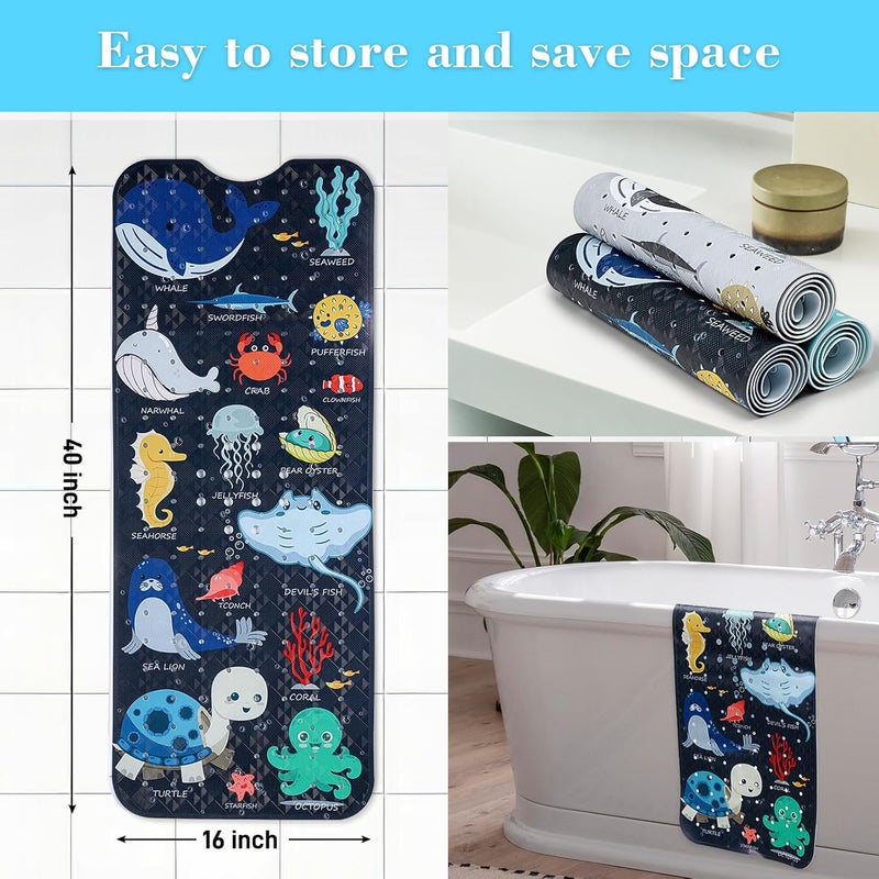 Secopad Bath Mat for Tub Non Slip, Machine Washable Anti-Slip Cartoon Baby Bathtub Shower Mat with Drain Holes and Suction Cups for Toddler & Kids, 40 Inch x 16 Inch, Navy Sea Animals - Image 5