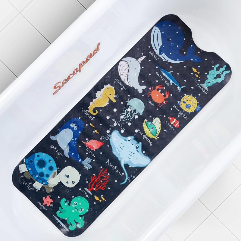 Secopad Bath Mat for Tub Non Slip, Machine Washable Anti-Slip Cartoon Baby Bathtub Shower Mat with Drain Holes and Suction Cups for Toddler & Kids, 40 Inch x 16 Inch, Navy Sea Animals - Image 1