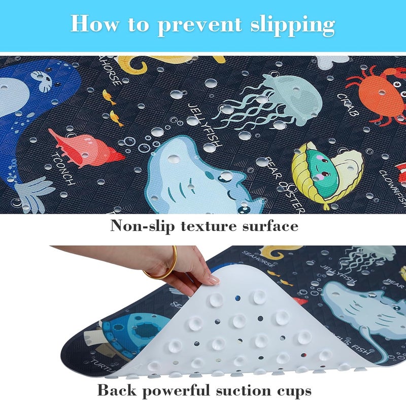 Secopad Bath Mat for Tub Non Slip, Machine Washable Anti-Slip Cartoon Baby Bathtub Shower Mat with Drain Holes and Suction Cups for Toddler & Kids, 40 Inch x 16 Inch, Navy Sea Animals - Image 3