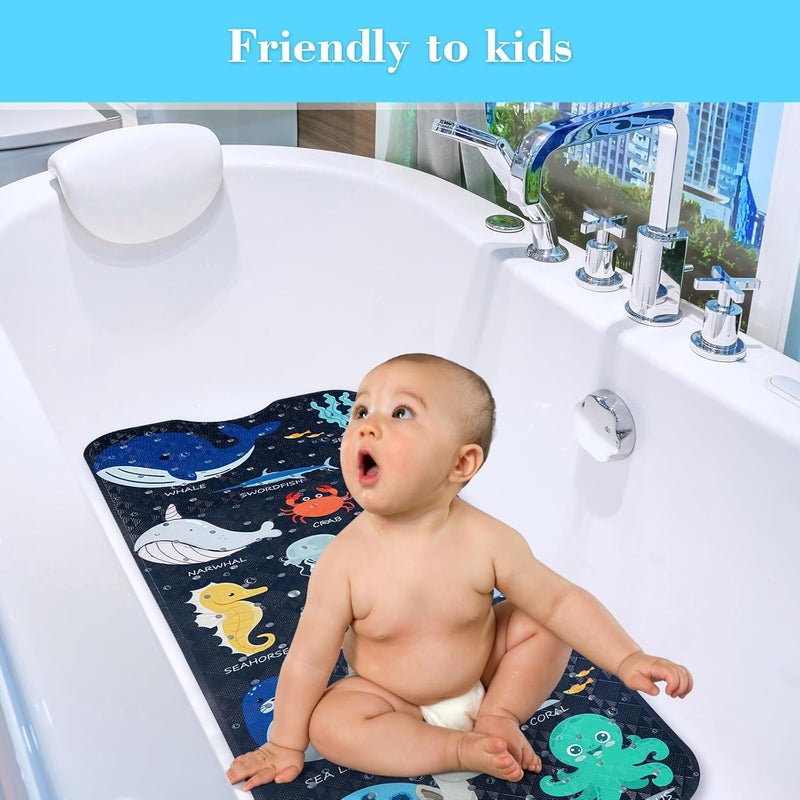 Secopad Bath Mat for Tub Non Slip, Machine Washable Anti-Slip Cartoon Baby Bathtub Shower Mat with Drain Holes and Suction Cups for Toddler & Kids, 40 Inch x 16 Inch, Navy Sea Animals - Image 2
