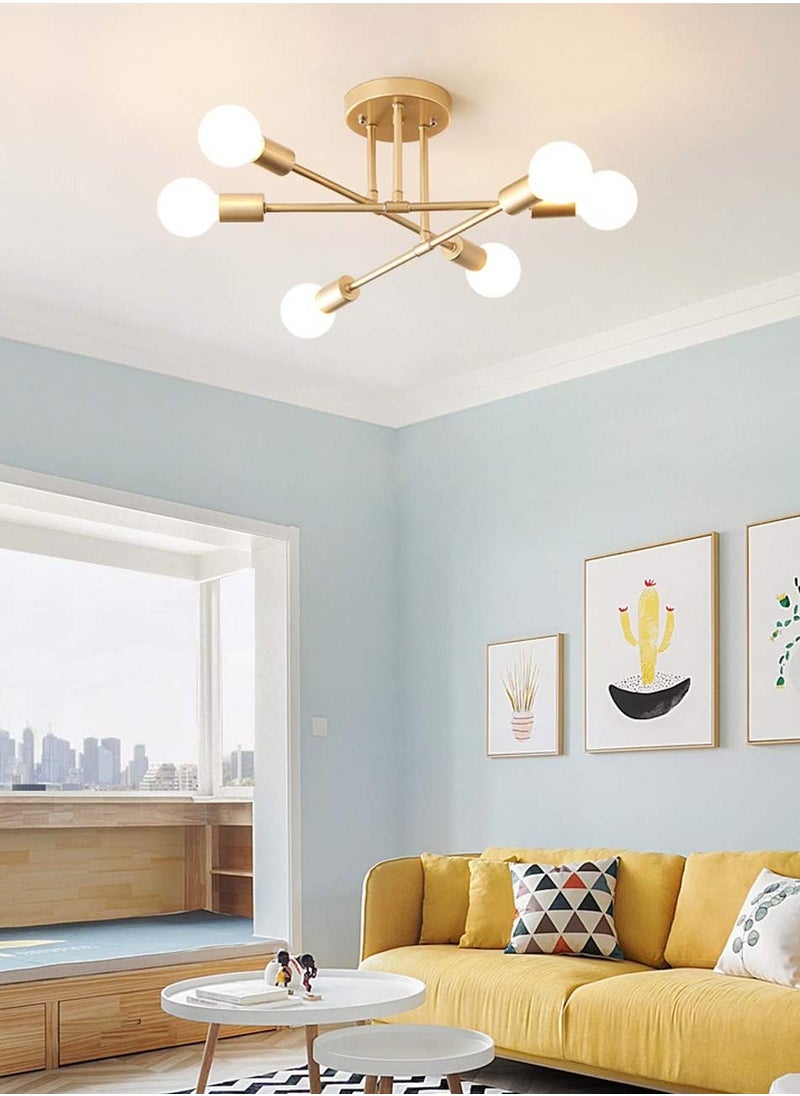 XiuWoo - Modern Sputnik Chandelier, Ceiling Light Fixture Semi Flush Mount 6-Lights Gold Chandeliers for Living Room Bedroom Dining Room Farmhouse Kitchen, Mid Century Pendant with E27 Base, Bulbs Not Included - Image 1