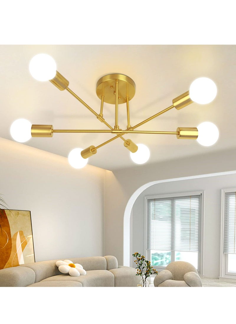 XiuWoo - Modern Sputnik Chandelier, Ceiling Light Fixture Semi Flush Mount 6-Lights Gold Chandeliers for Living Room Bedroom Dining Room Farmhouse Kitchen, Mid Century Pendant with E27 Base, Bulbs Not Included - Image 1
