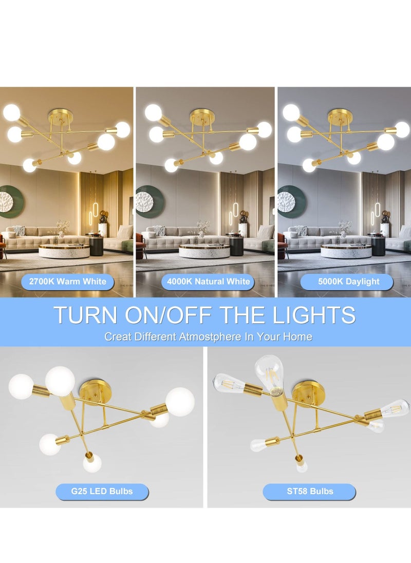 XiuWoo - Modern Sputnik Chandelier, Ceiling Light Fixture Semi Flush Mount 6-Lights Gold Chandeliers for Living Room Bedroom Dining Room Farmhouse Kitchen, Mid Century Pendant with E27 Base, Bulbs Not Included - Image 1