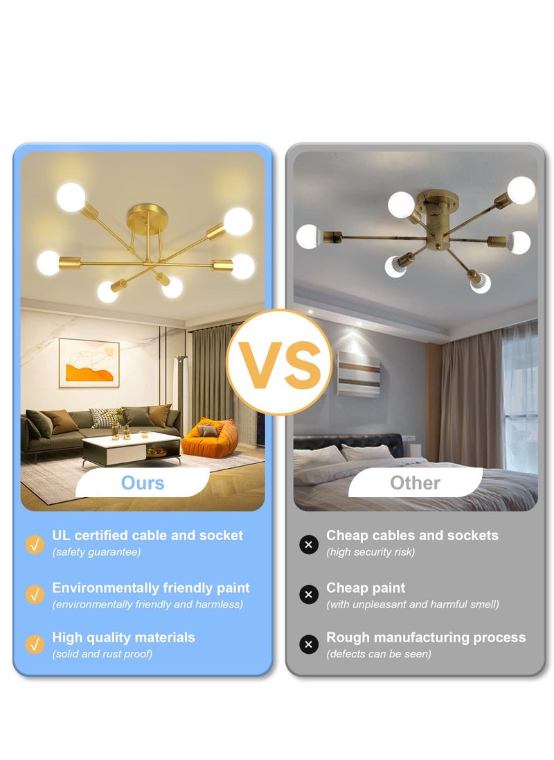 XiuWoo - Modern Sputnik Chandelier, Ceiling Light Fixture Semi Flush Mount 6-Lights Gold Chandeliers for Living Room Bedroom Dining Room Farmhouse Kitchen, Mid Century Pendant with E27 Base, Bulbs Not Included - Image 1