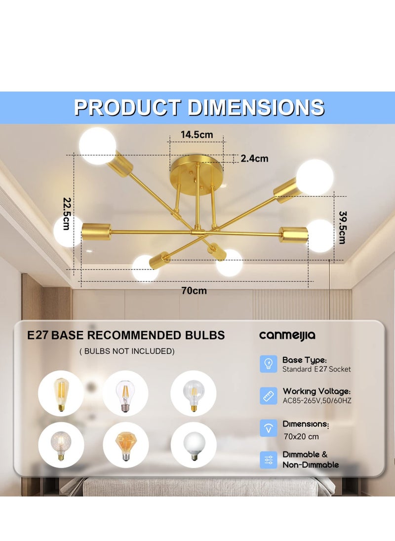 XiuWoo - Modern Sputnik Chandelier, Ceiling Light Fixture Semi Flush Mount 6-Lights Gold Chandeliers for Living Room Bedroom Dining Room Farmhouse Kitchen, Mid Century Pendant with E27 Base, Bulbs Not Included - Image 1