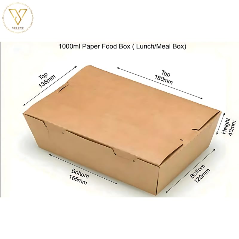 VELEXE Brown Kraft Paper Food Box | 18x16.5x4 CM | 1000ml | Pack of 100 | Eco-Friendly Takeaway Containers | Biodegradable & Disposable Food Containers for Meal, Party Catering, Takeout, and Delivery - Image 2