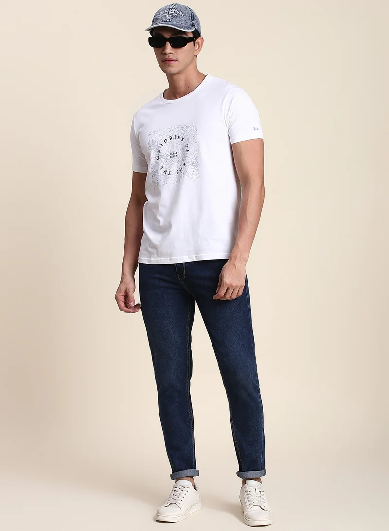 Dennis Lingo White Regular Fit Printed Crew Neck T-shirt for Men - 100% Cotton, Half Sleeves, Casual,